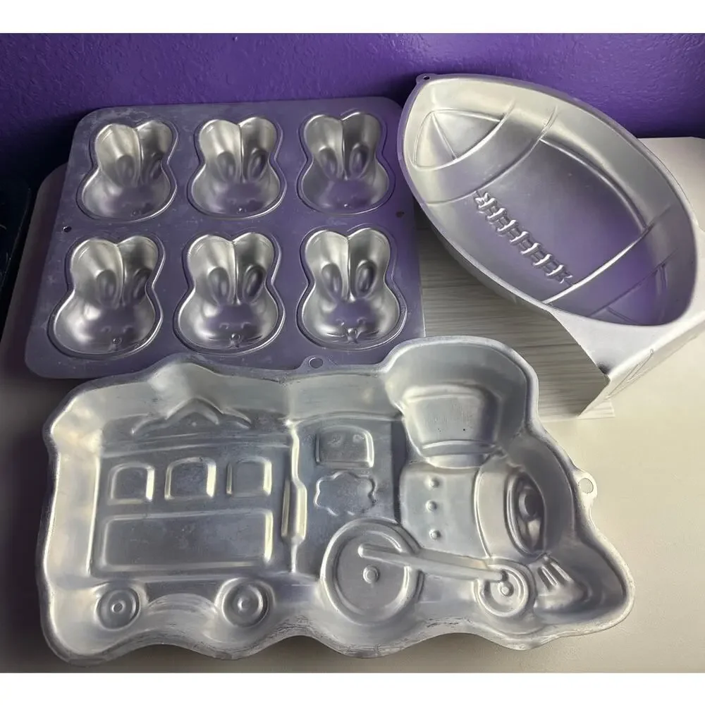 Vintage Wilton Cake Pan Lot Train Football 6 Cavity Bunny Easter Bakeware Baking
